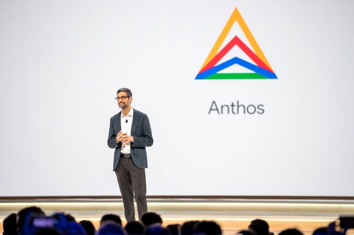 Alphabet CEO Sundar Pichai speaks to an audience at a 2019 event