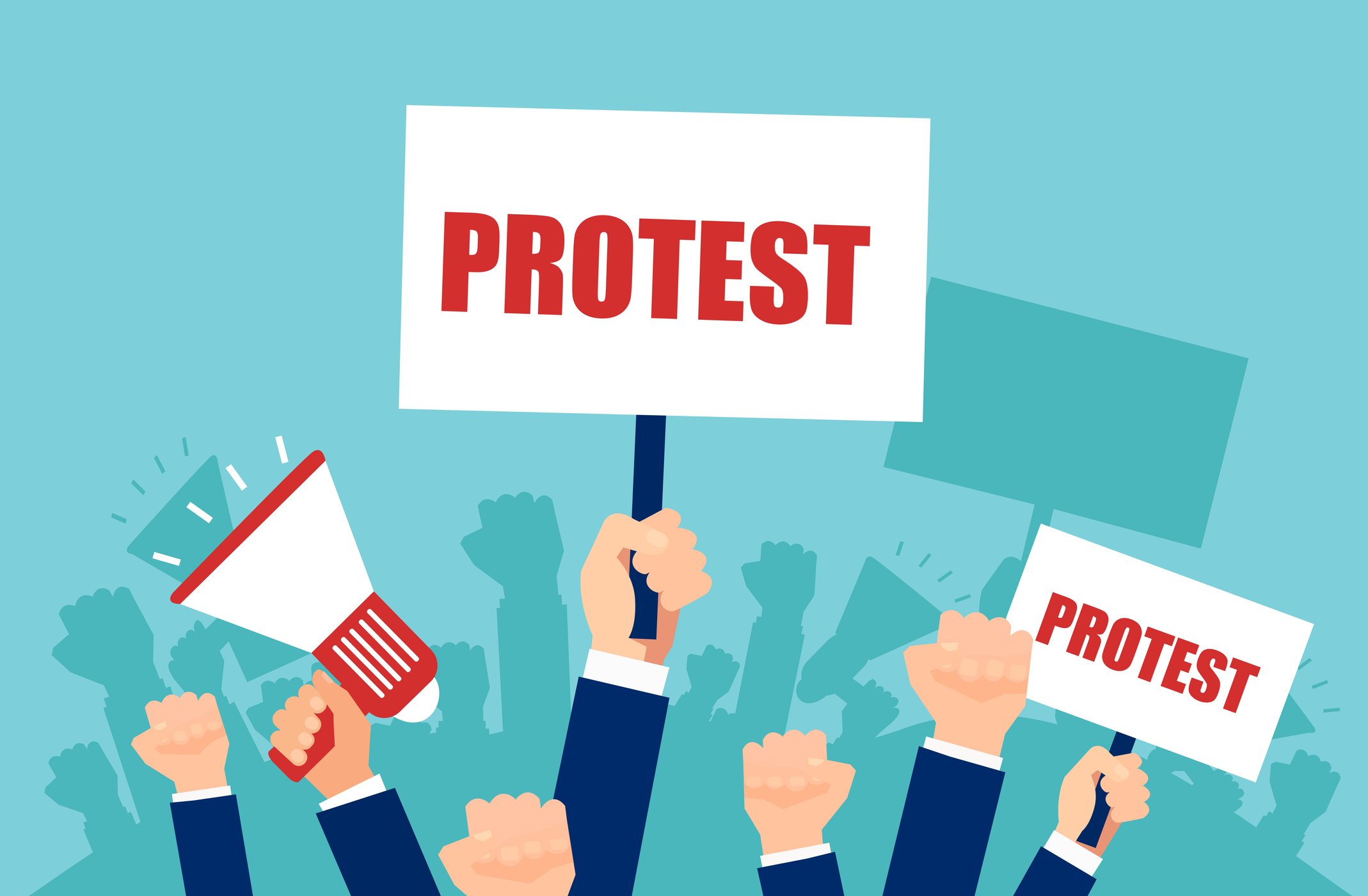 Animated graphic of hands holding up protest signs