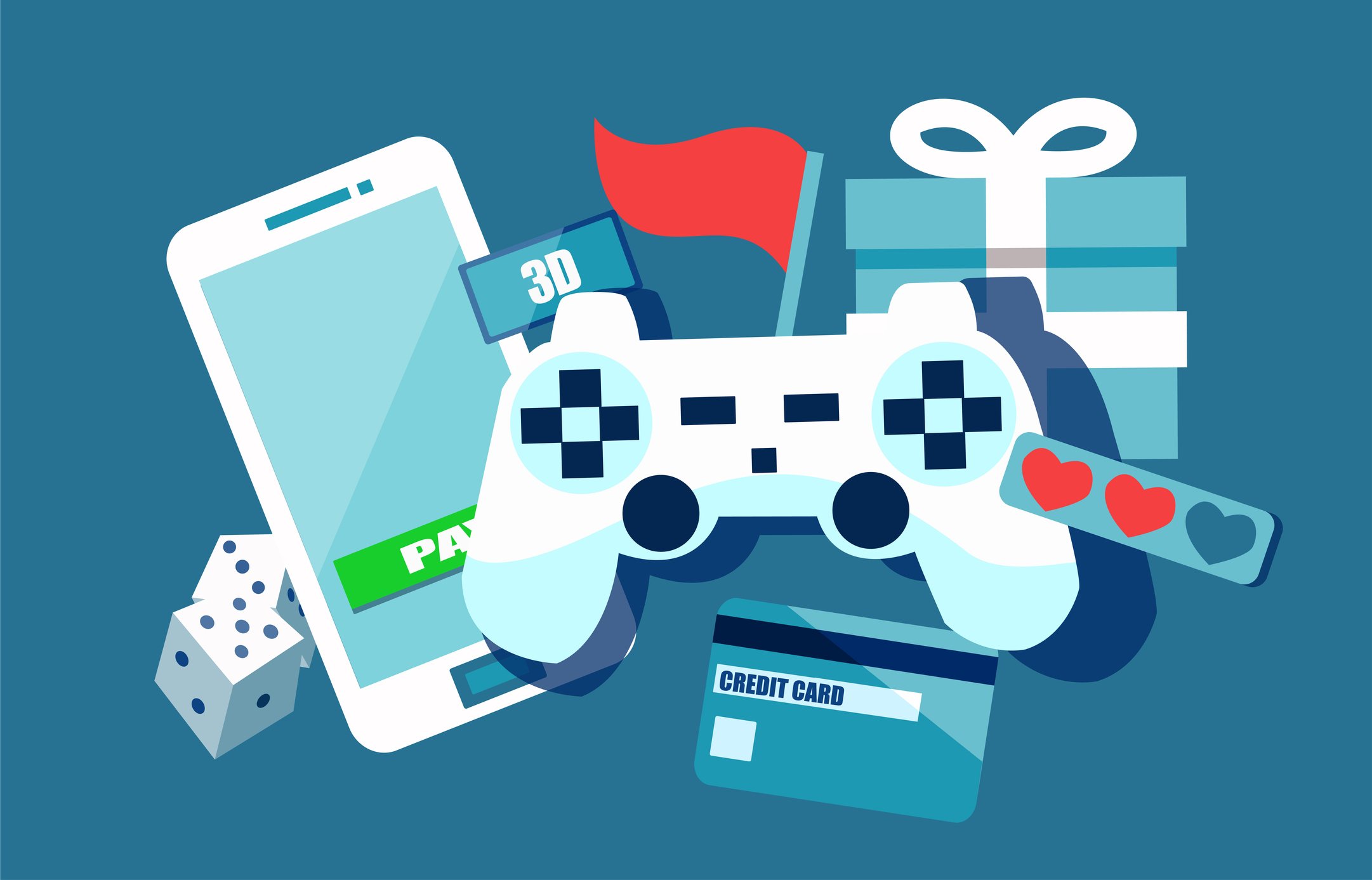 Illustration of a game console, mobile phone, gift box, and credit card.