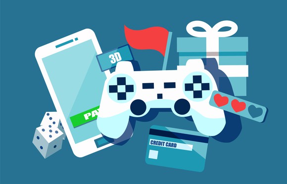 Illustration of a game console, mobile phone, gift box, and credit card.