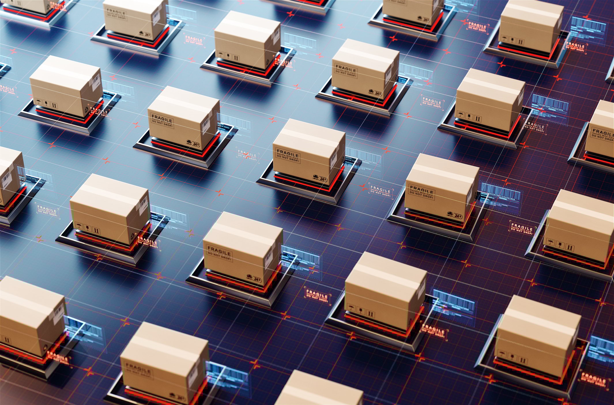 Rows of boxes in a warehouse.