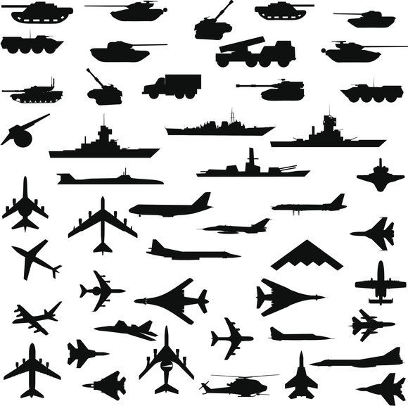 Collection of military tank, aircraft, and warship silhouettes