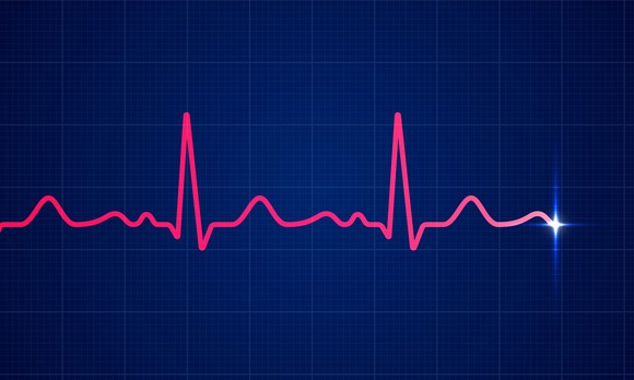 A heartbeat displayed as a pink electrocardiogram rhythm on a blue background.