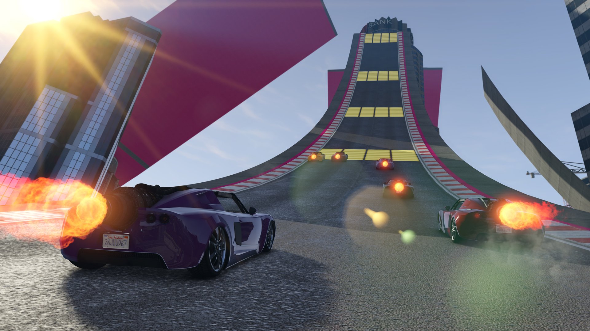 A car heading toward a ramp in 'Grand Theft Auto: Online.'