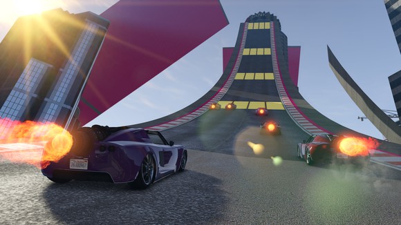 A car heading toward a ramp in 'Grand Theft Auto: Online.'