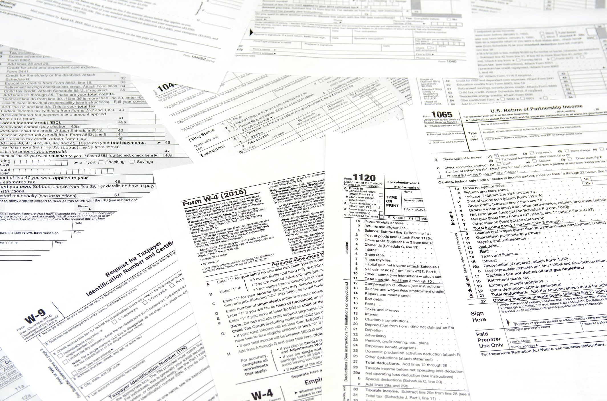 Spread-out tax forms and instructions.