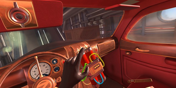 A first-person view of the player character defusing a bomb in Schell Games' I Expect You to Die.