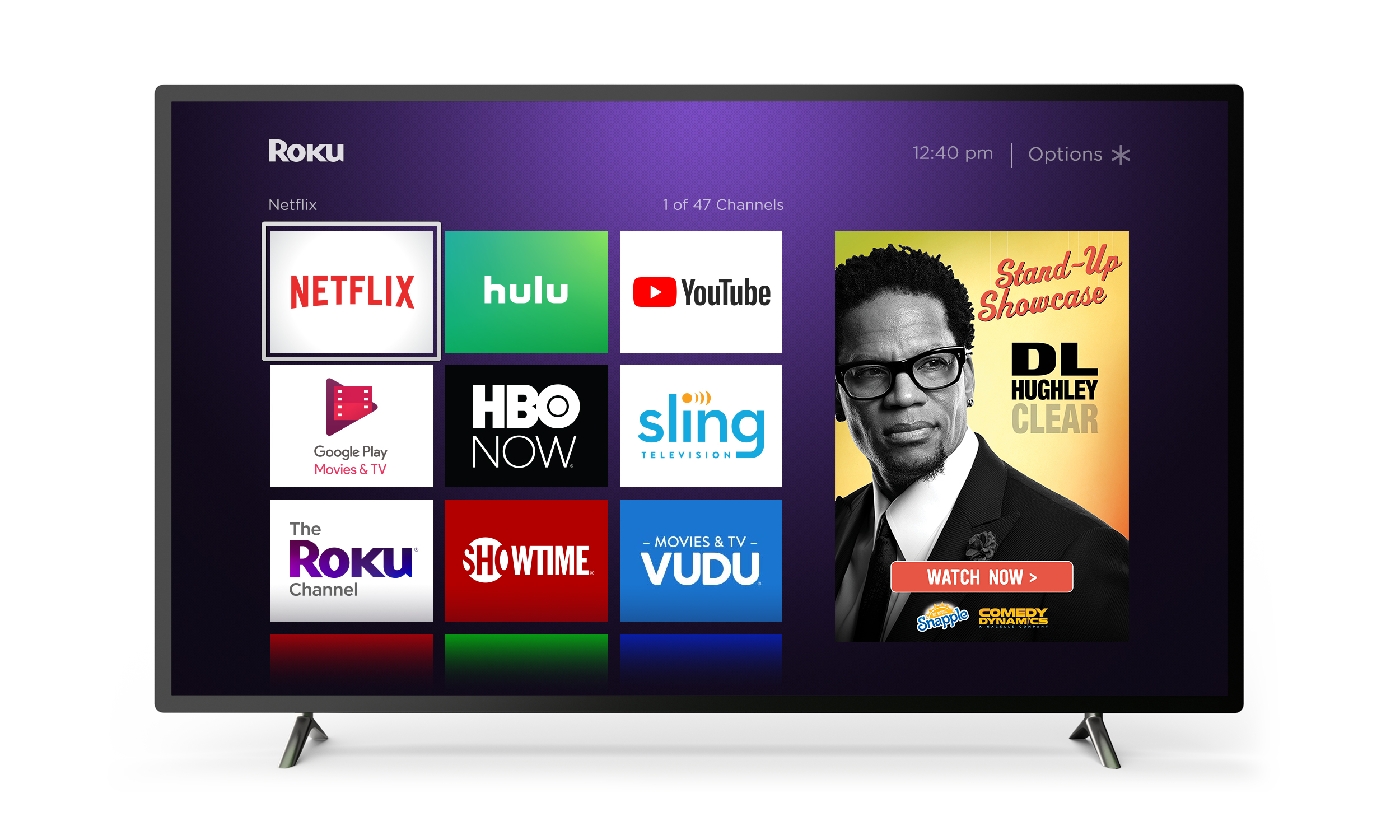 A TV displaying the Roku home screen featuring an advertisement