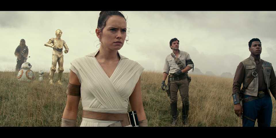 A number of characters from the latest "Star Wars" film stand in a field.