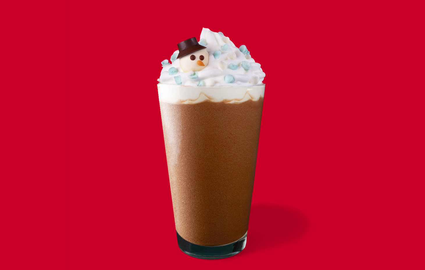 A coffee drink with whipped cream and a small snowman