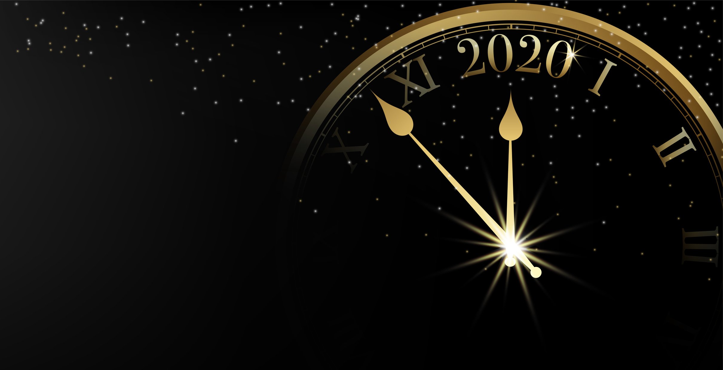 2020 Happy New Year banner on black background and sparkle bokeh with gold clock