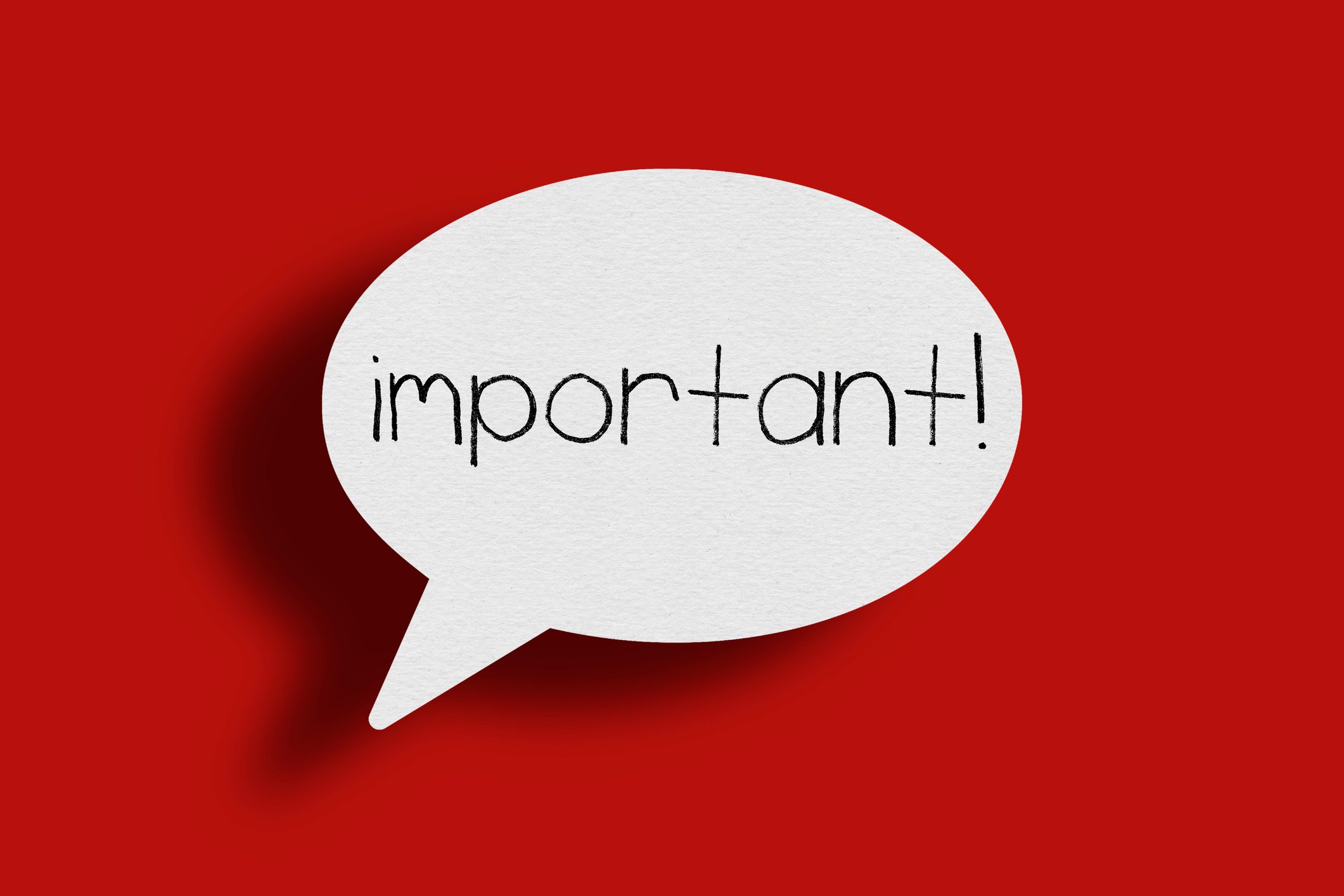 A white speech bubble with the word important on a red background.