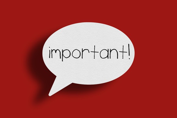 A white speech bubble with the word important on a red background.
