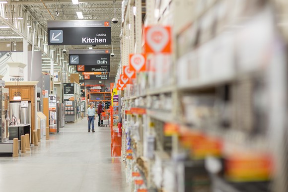 An aisle in a Home Depot store.