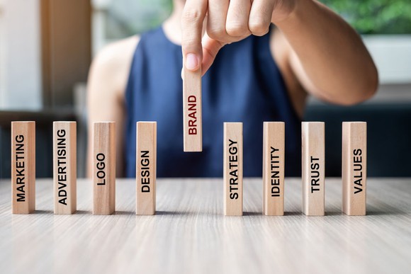 Photograph of man arranging wooden blocks with marketing, advertising, logo, brand, and other words written on them.