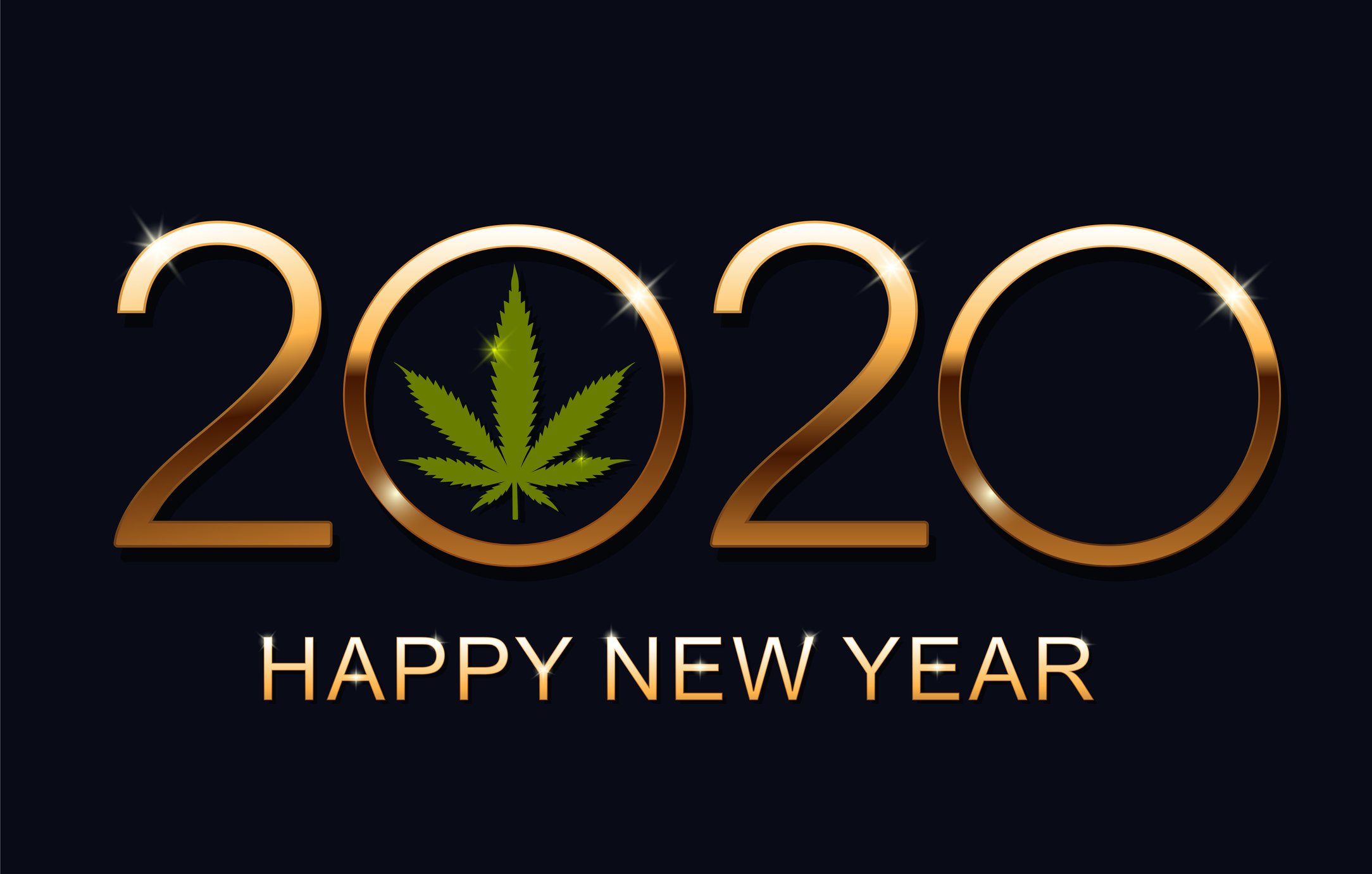 2020 with a cannabis leaf in the first zero and "happy new year" underneath the year