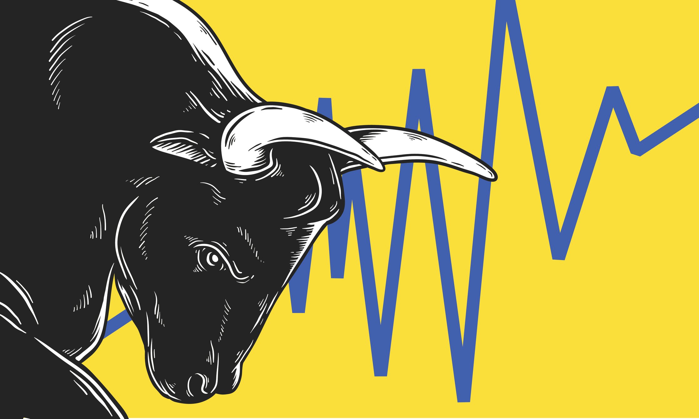 A cartoon bull with its head bowed next to a volatile stock chart behind him. 