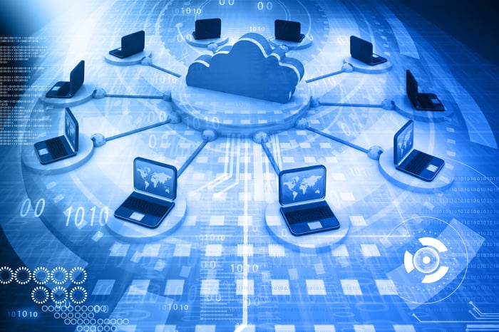 A picture of a cloud surrounded by computers, illustrating a data center.