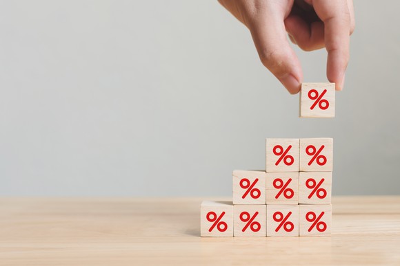 A stack of blocks with percentage signs on them.