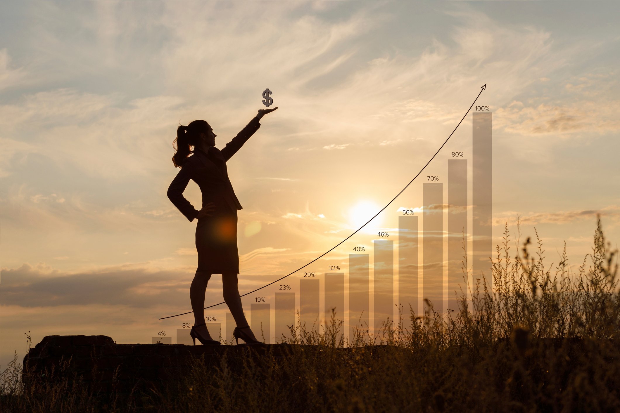 A young woman stands on a cliff and holds a dollar sign icon in her hand as she looks towards a setting sun with an upward sloping bar graph hologram superimposed over the sky. 