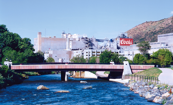 Exterior of Coors Brewery in Colorado, with river in foreground.