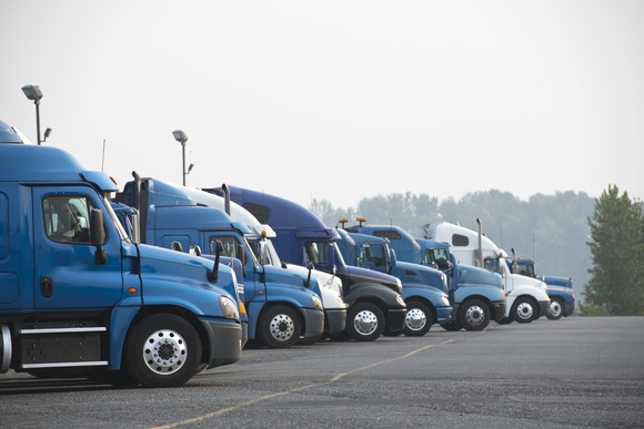 A line of trucks.