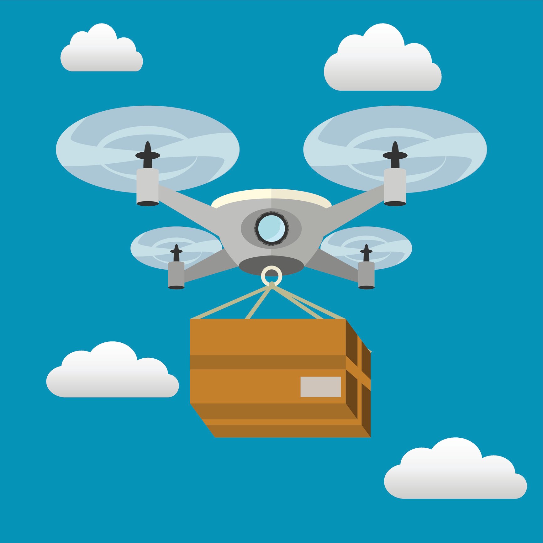 Quadcopter delivery drone carrying a package