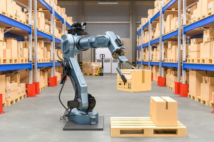 A robot working in a warehouse