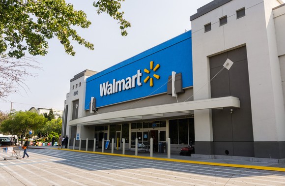 The exterior of a Walmart.