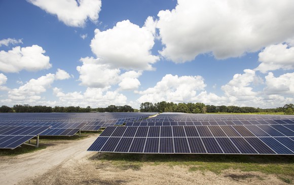 Solar panel array in a field.