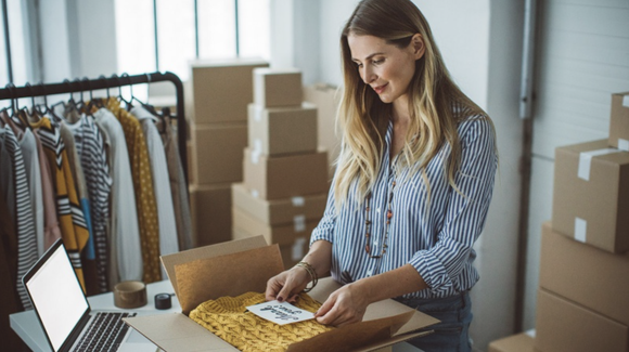 A woman packing an item to ship to a customer