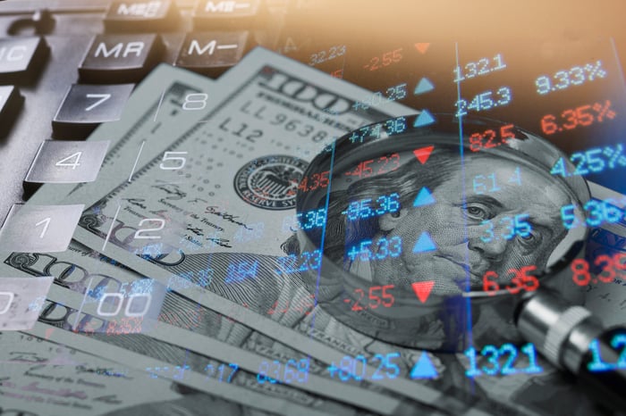 Magnifying glass on top of hundred dollar bills with stock data and a keyboard in the background