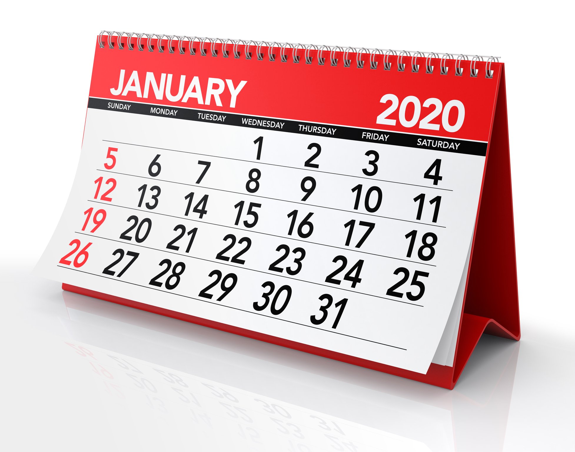 A desk calendar for January 2020