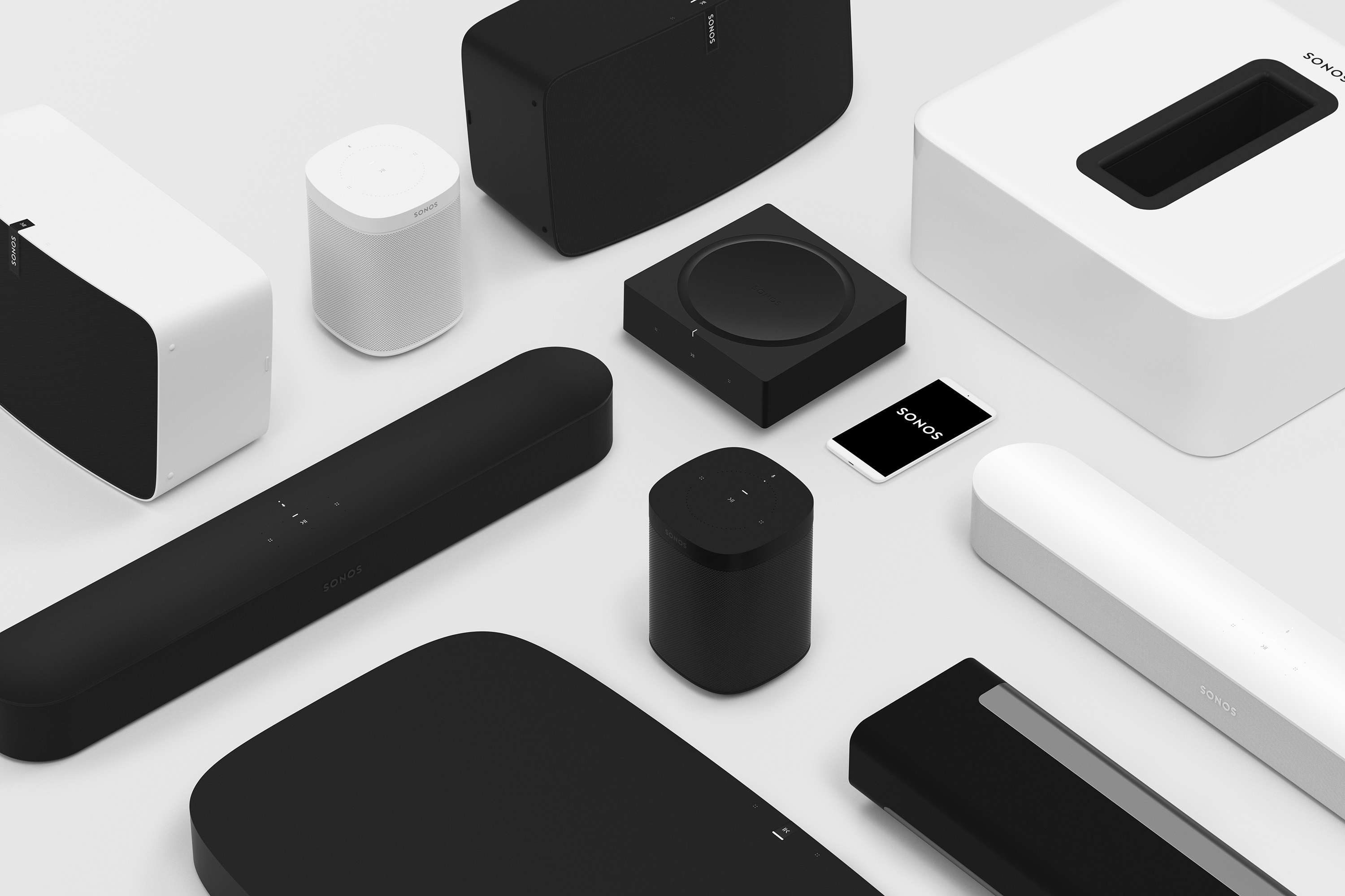 A collection of Sonos speaker devices.