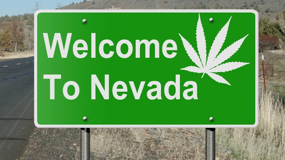 Welcome to Nevada road sign with cannabis leaf