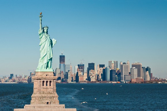 The Statue of Liberty stands in New York harbor. 