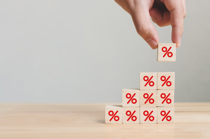 An illustration of a hand stacking blocks with % signs on them.