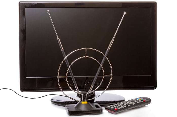 Photograph of OTA rabbit ears antenna in front of a modern flat screen TV