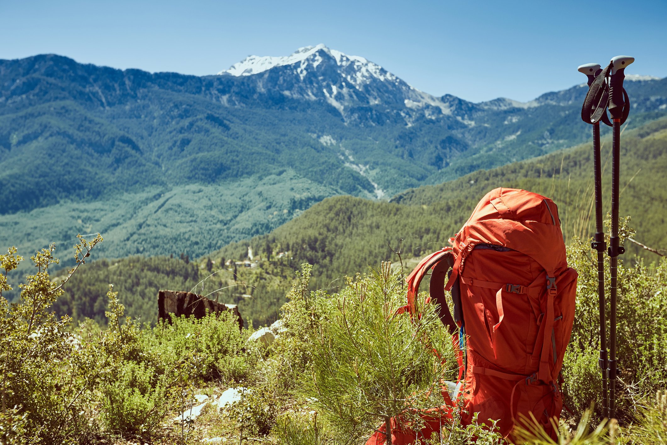 Hiking gear on a mountain trail.