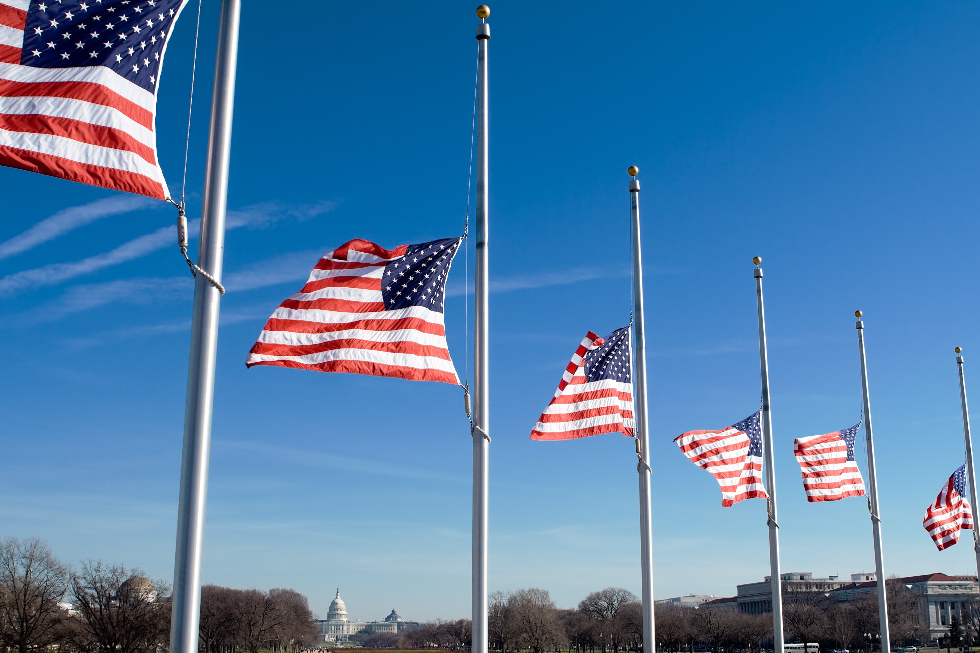 Six American flags at half mast