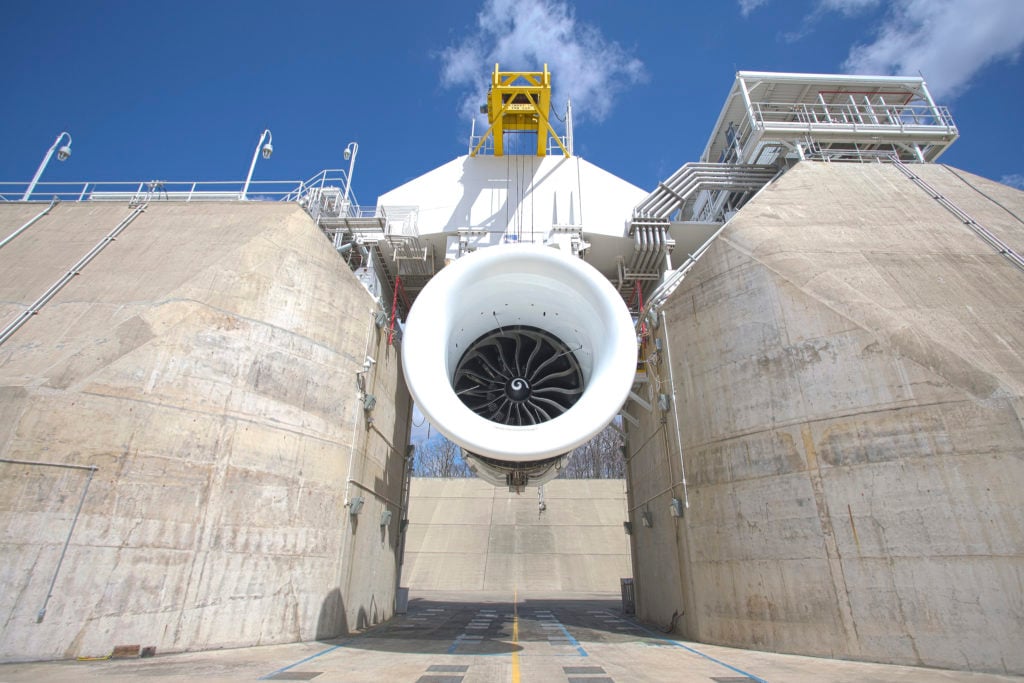 A GE9X engine is tested in an outdoor simulator at a GE research facility.