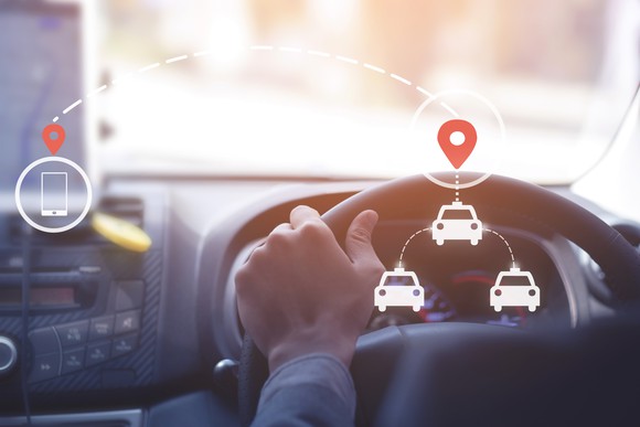 The dashboard of a car, with icons of a cell phone and multiple cars.
