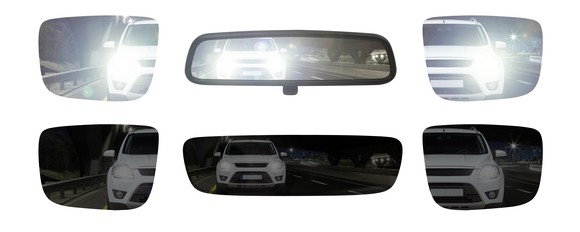 Three Gentex automatic dimming rearview mirrors with a car shown in them at night on bottom row and three regular rearview mirrors showing the same scene in the row above. The latter show much glare from the car's headlights.