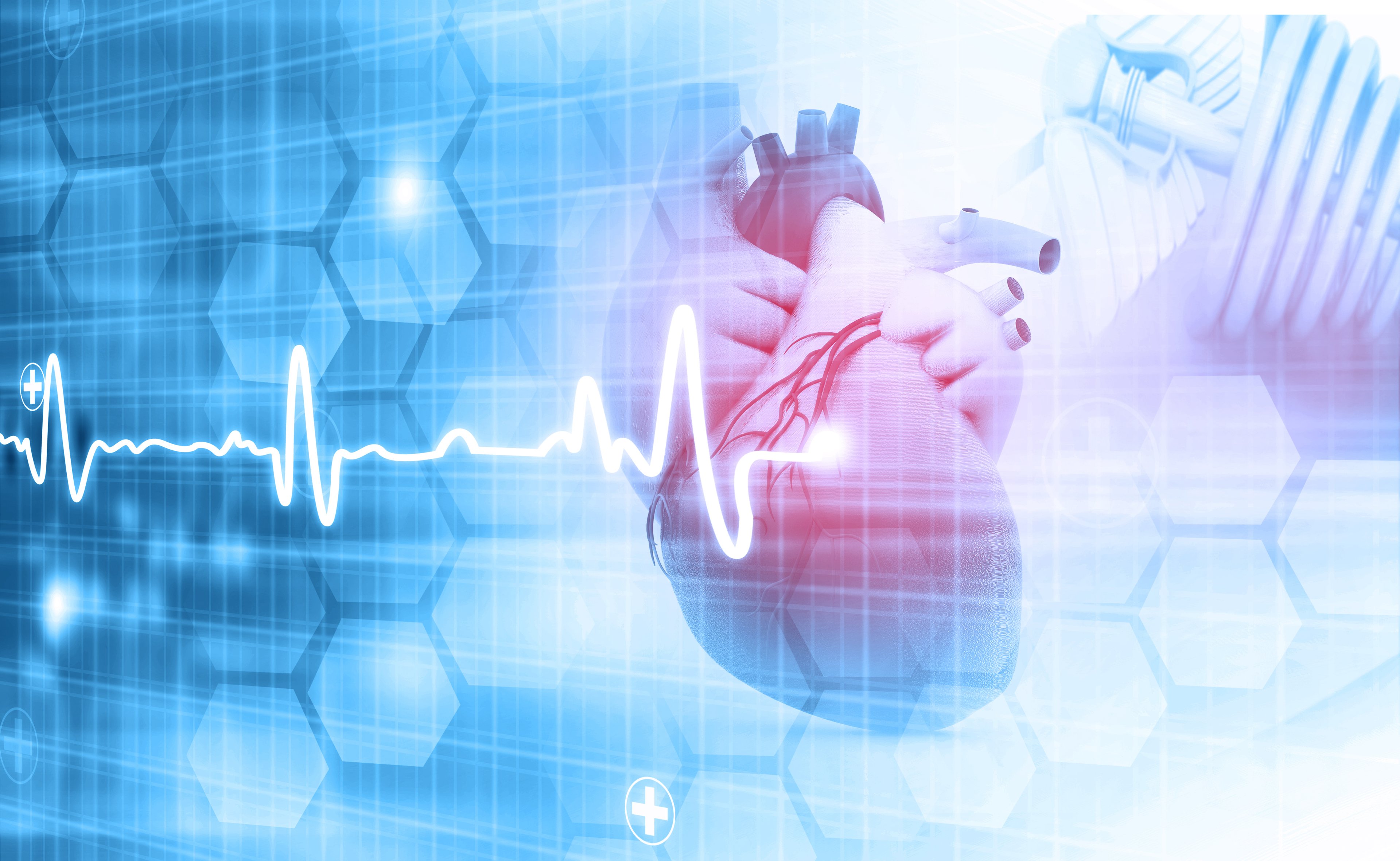 Human heart with heart wave and hexagon icons in background