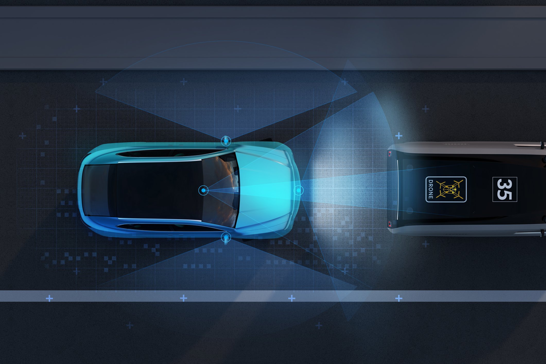 A driverless car scans the road ahead.