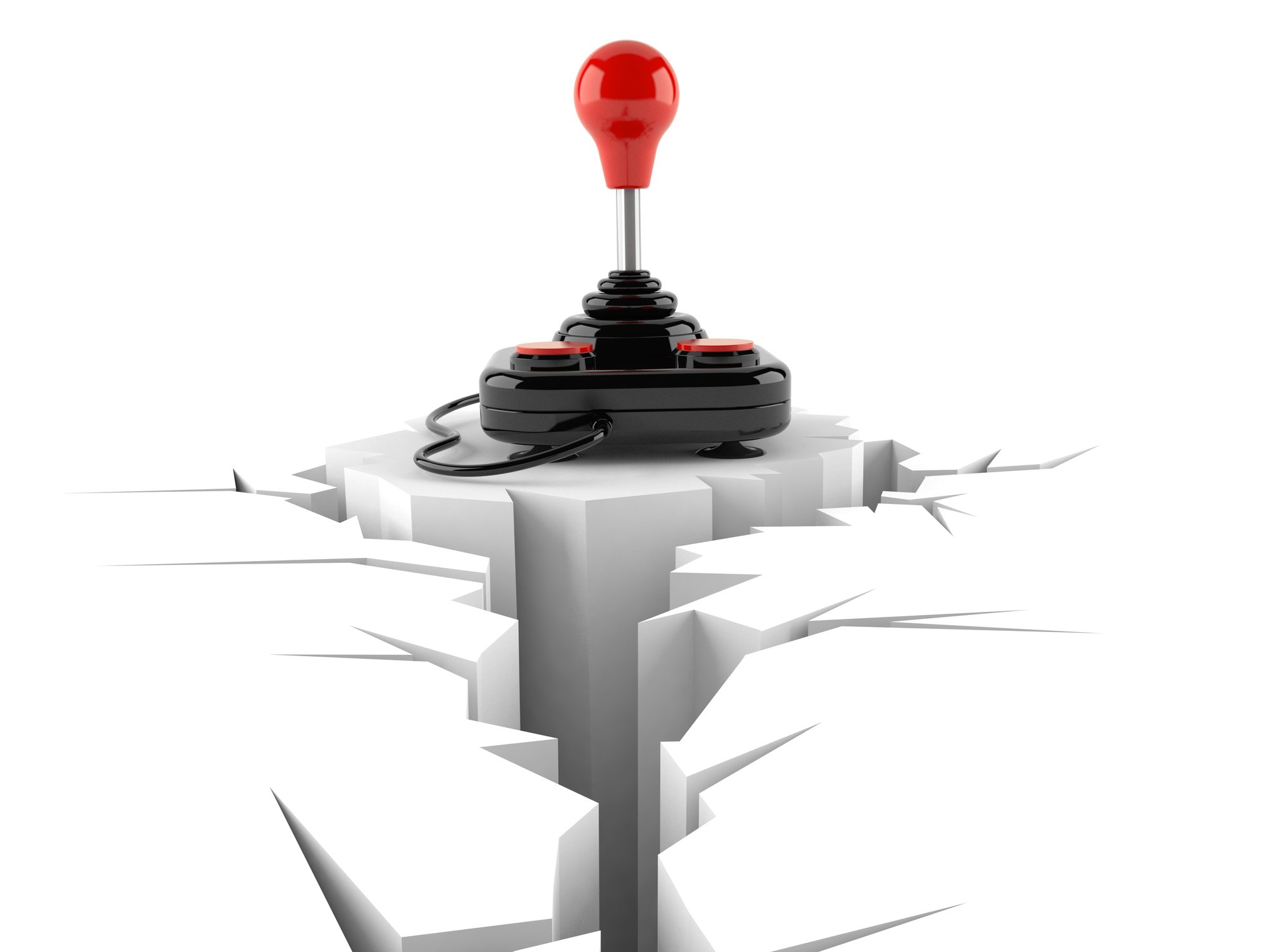 An old-school joystick stands on the edge of a large crack in the white floor.