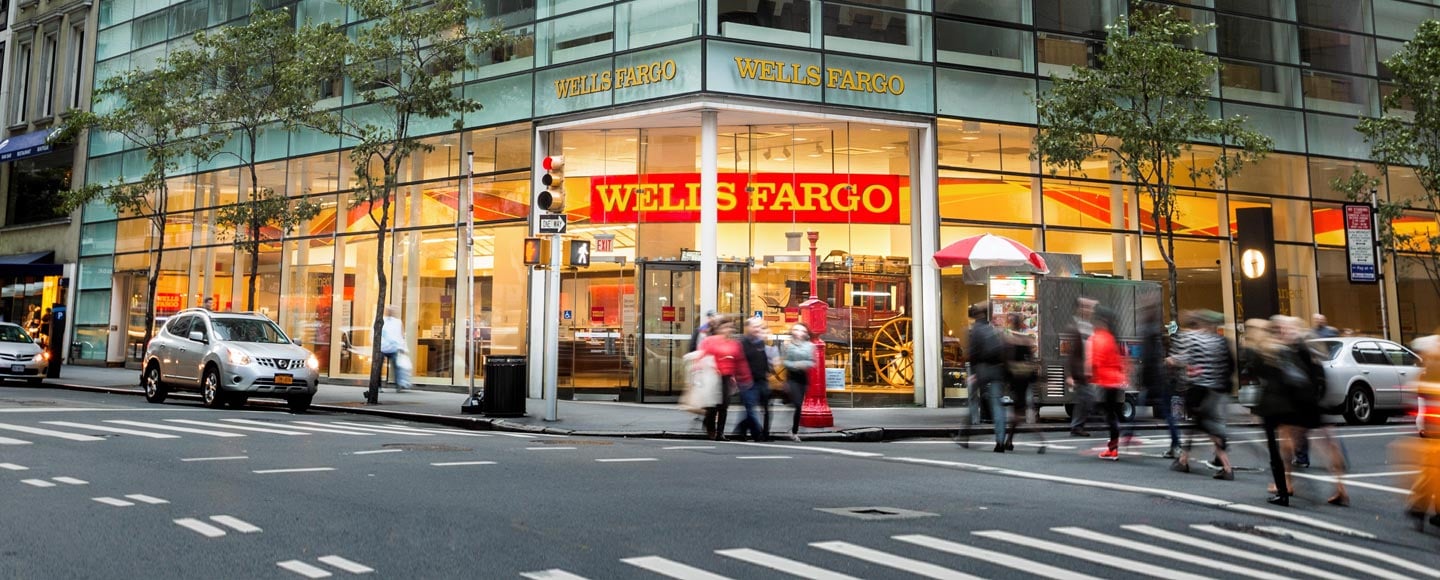 Wells Fargo branch as seen from across street corner.