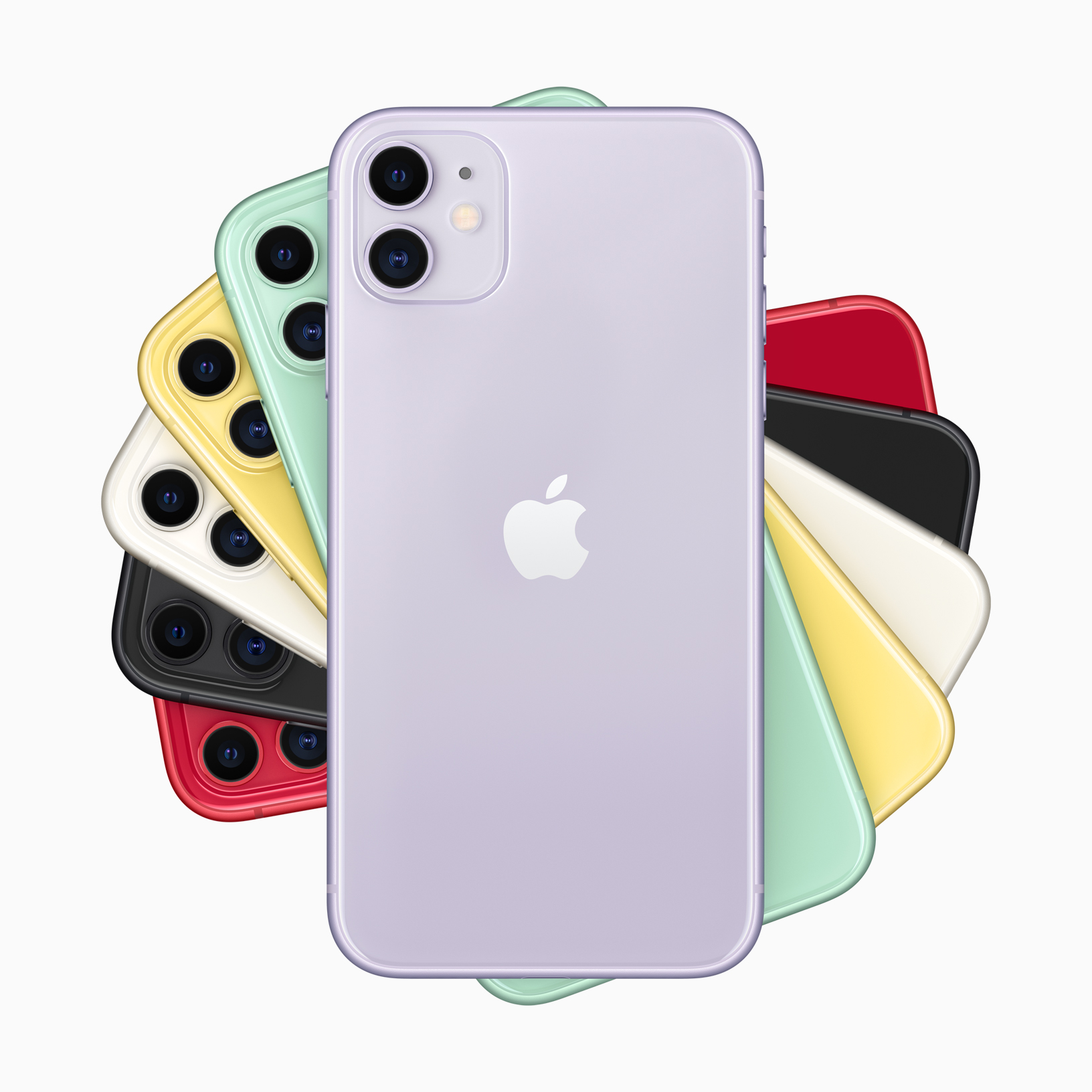 Six iPhone 11s, in different colors, fanned out