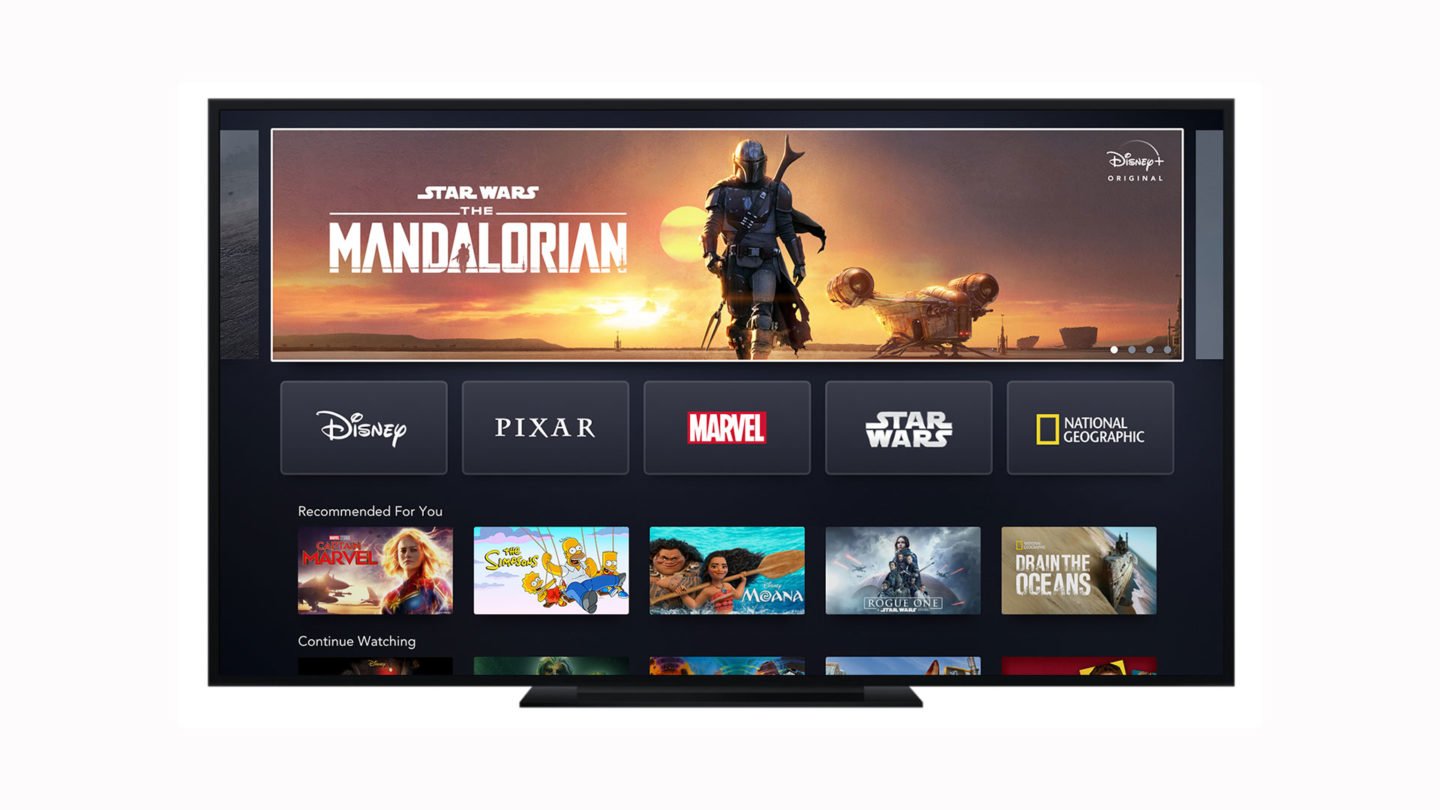 The homescreen of Disney+ displayed on a television.