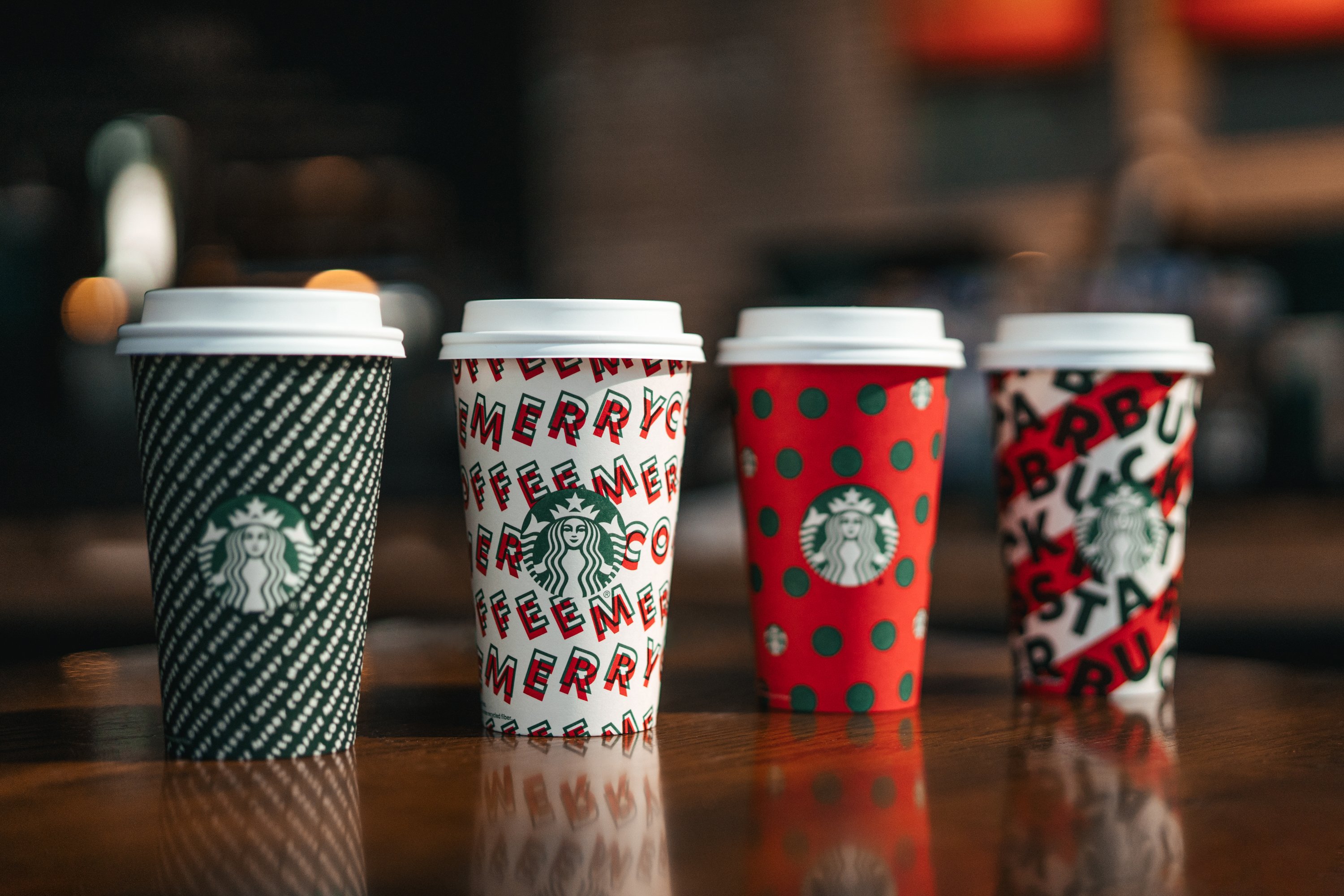 A selection of Starbucks holiday cups